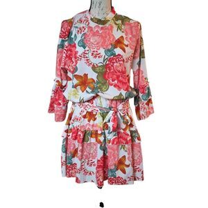 Women's Size XL White Pink Green Floral Ruffled 3/4 Sleeve Dress